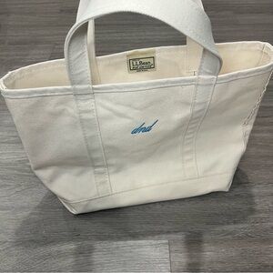 L.L. Bean Cream Canvas Tote with Blue Detail "dnd" cursive Medium Regular Handle